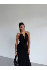 Women's Black Sandy Midi Dress with Neck Accessory and Side Slit HZL26S-FRY123841