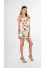 Kadın Krem Tropical Desenli Askılı Sırt Bağlamalı Kuşaklı Mini Elbise HZL24S-YY297