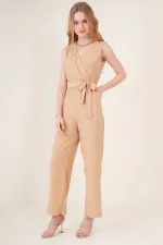 Kadın Krem Beli Lastikli Derin Kruvaze V Yaka Kemerli Örme Tulum HZL22S-BD170211