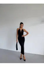 Women's Black Sandy Midi Dress with Neck Accessory and Side Slit HZL26S-FRY123841