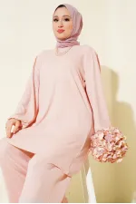 Ensemble tunique et pantalon rose poudré pour femme (haut et bas) 6663