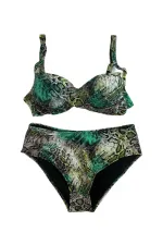 Women's Green Leopard Patterned Lined Plus Size Bikini Set HZL25S-LC25006