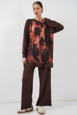 Ensemble deux pièces tunique et pantalon oversize à motifs pour femme 55462 - Marron