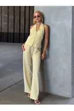 Kadın Sarı Çizgili Önü Fermuarlı Bluz Pantolon İkili Takım HZL25S-ZK13691