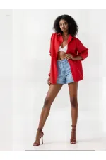 Kadın Kırmızı Oversize Uzun Basic Gömlek  HZL22W-BD139001