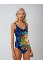 Maillot de bain femme bleu marine à motif feuilles tropicales HZL25S-LC0046