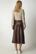 Kadın Çikolata Saten Yüzeyli Beli Lastikli Midi Boy Etek Hzl23s-bd1101471
