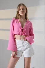 Kadın Pembe Önden Bağlamalı Müslin Kumaş Crop Bluz HZL25S-DSB104071