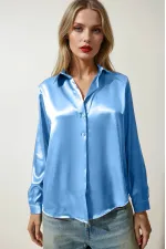 Kadın Buz Mavisi Hafif Dökümlü Saten Yüzeyli Gömlek HZL22W-BD139641