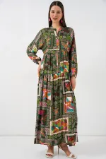 Kadın Desenli Uzun Tesettür Elbise 2585 - Koyu Yeşill