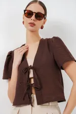 Kadın Kısa Kol Crop Bluz 958 - Kahverengi