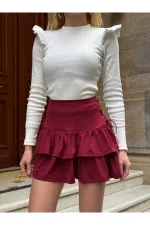 Kadın Bordo Kuş Gözlü Fır Fır Detaylı Mini Etek HZL25W-ZK11391