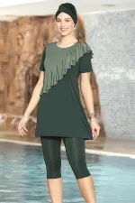 Kadın Tesettür Haki Kısa Kollu Önü Fırfırlı Boneli Taytlı Elbise Mayo HZL24S-AR1154-29
