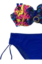 Kadın Saks Mavi Renk Desenli Toka Detaylı  Astarlı Bikini Takım HZL25S-LC3322