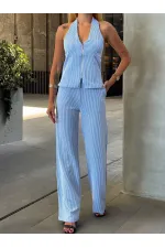 Kadın Mavi Çizgili Önü Fermuarlı Bluz Pantolon İkili Takım HZL25S-ZK13691