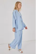 Kadın Açık Mavi Keten Bağlama Detaylı Kimono Pantolon İkili Takım HZL26S-BD167271