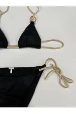 Kadın Siyah Halka Detaylı İp Bağlamalı Astarlı Bikini Takım HZL25S-AR1617