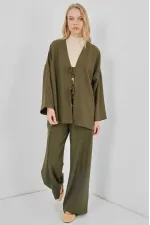 Kadın Haki Keten Bağlama Detaylı Kimono Pantolon İkili Takım HZL26S-BD167271