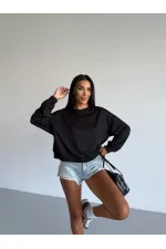 Kadın Siyah Bisiklet Yaka 2 İplik Sweatshirt HZL25W-FRY123391