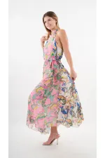 Kadın Çok Renkli Bloklu Yaprak Desenli Halter Yaka Kuşaklı Astarlı Uzun Elbise HZL24S-YY233