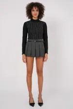 Kadın Siyah Yarım Balıkçı Önü Taşlı Body HZL25W-BD19221