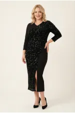 Women's Black Plus Size Wrap Neckline Sequin Detail Evening Dress HZL26W-PR10071
