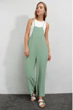 Women's Light Green Adjustable Strap Pocketed Wide Leg Overalls HZL22S-BD170191