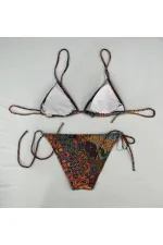 Ensemble bikini triangle dos nu à motif ethnique marron pour femme HZL25S-LC5005