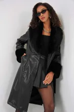 Kadın Siyah Kürk Yaka Kuşaklı Suni Deri Kaban HZL25W-BD110451