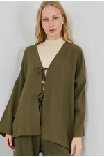 Kadın Haki Keten Bağlama Detaylı Kimono Pantolon İkili Takım HZL26S-BD167271