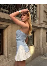 Kadın Mavi Yanı Büzgülü Çift Yırtmaçlı Straplez Bluz HZL24S-ZK13091