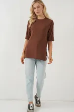 4332 Side Slit Knitted T-Shirt - Brown