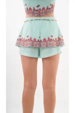 Kadın Su Yeşili Etnik Desenli Beli Kuşaklı Bluz Şort İkili Takım HZL24S-YY261