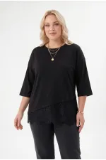 Women's Black Plus Size Crew Neck Short Sleeve T-Shirt with Tulle Detail HZL26S-ZSS19521 Women's Black Plus Size Crew Neck Short Sleeve T-Shirt with Tulle Detail HZL26S-ZSS19521