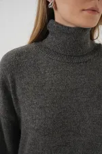 15917 Kadın Balıkçı Yaka Oversize Triko Kazak - Antrasit