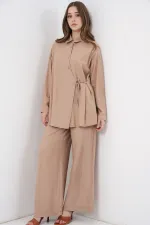Ensemble deux pièces tunique et pantalon à lacets pour femme 6752 - Beige