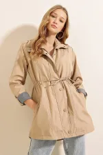 Trench-coat beige foncé doublé pour femme, avec poches et cordon de serrage à la taille, HZL22W-BD156691
