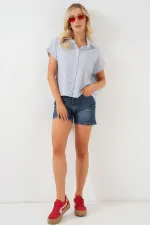 Chemise rayée à manches courtes pour femme 20324 - Bleue