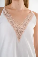 Kadın Beyaz V Yaka İp Askılı Eteği Pileli Güpür Detaylı Elbise HZL24S-YY244