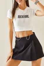 Kadın Beyaz ROCKMORE Baskılı Zincir Aksesuarlı Crop T-Şihrt HZL24S-DSB120281