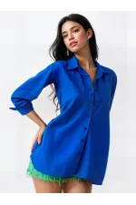 Kadın Canlı Mavi Oversize Uzun Basic Gömlek HZL22W-BD139001