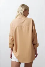 Kadın Camel Oversize Uzun Basic Gömlek  HZL22W-BD139001