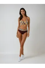 Kadın Kahve Çiçek Desenli Büyük Beden Astarlı Lacivert Bikini Takım HZL25S-LC3301