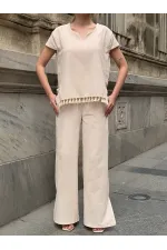 Women's Cream-Colored, Relaxed Fit Linen Top and Bottom Set with Tassel Detail HZL26S-VL14181