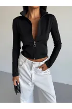 Women's Black Diving Fabric Zippered Finger-Tight Sweatshirt HZL25W-FRY123441