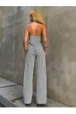 Kadın Siyah Çizgili Önü Fermuarlı Bluz Pantolon İkili Takım HZL25S-ZK13691