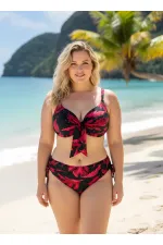 Women's Black and Burgundy Stone Embellished Plus Size Bikini Set HZL25S-LC3337
