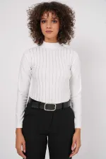 Kadın Beyaz Yarım Balıkçı Önü Taşlı Body HZL25W-BD19221