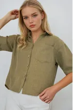 Kadın Haki Keten Görünümlü Crop Gömlek HZL25S-BD1203391