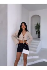 Kadın Bej Önden Bağlamalı Müslin Kumaş Crop Bluz  HZL25S-DSB104071